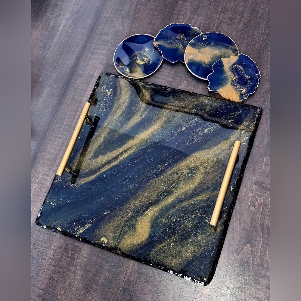 Navy & Gold Resin Serving Tray with Gold Handles